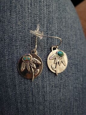 Silver Boho Floral Drop Earrings with Turquoise Accent- NEW!